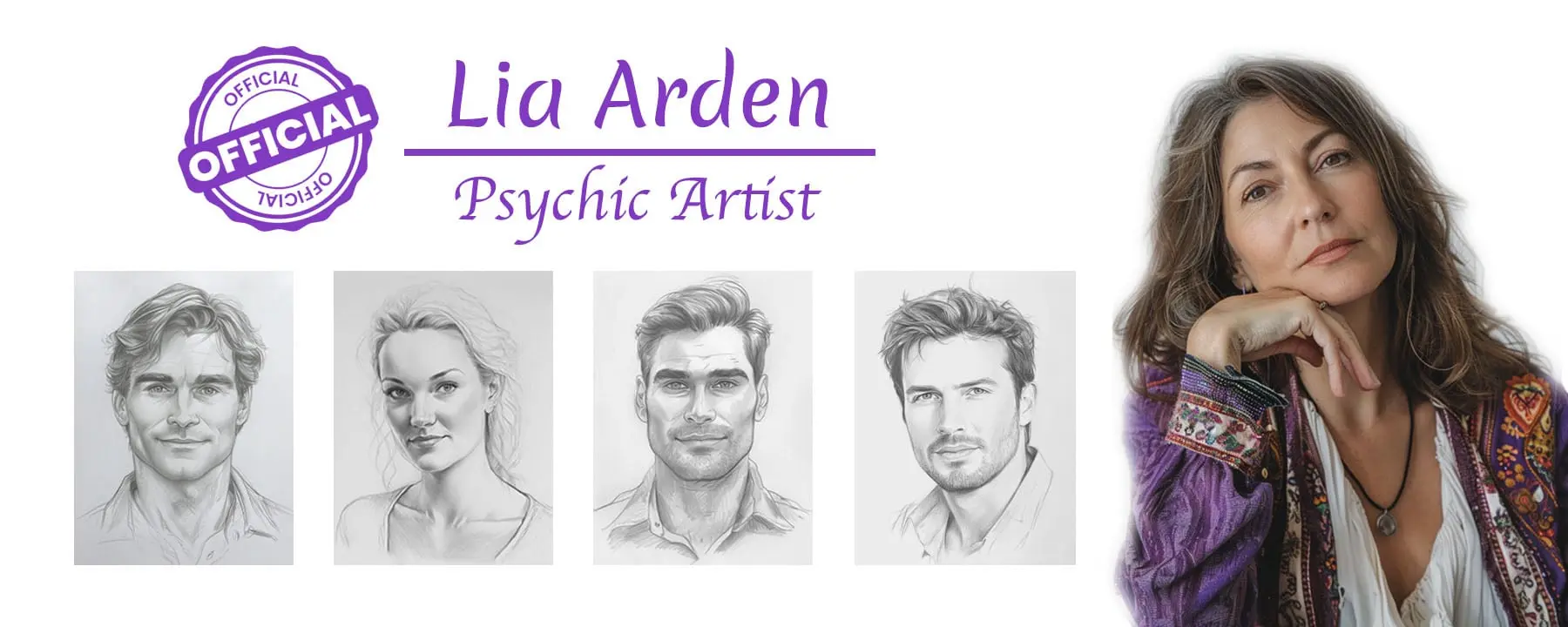 Lia Arden, Soulmate Story psychic artist, with sample soulmate sketches