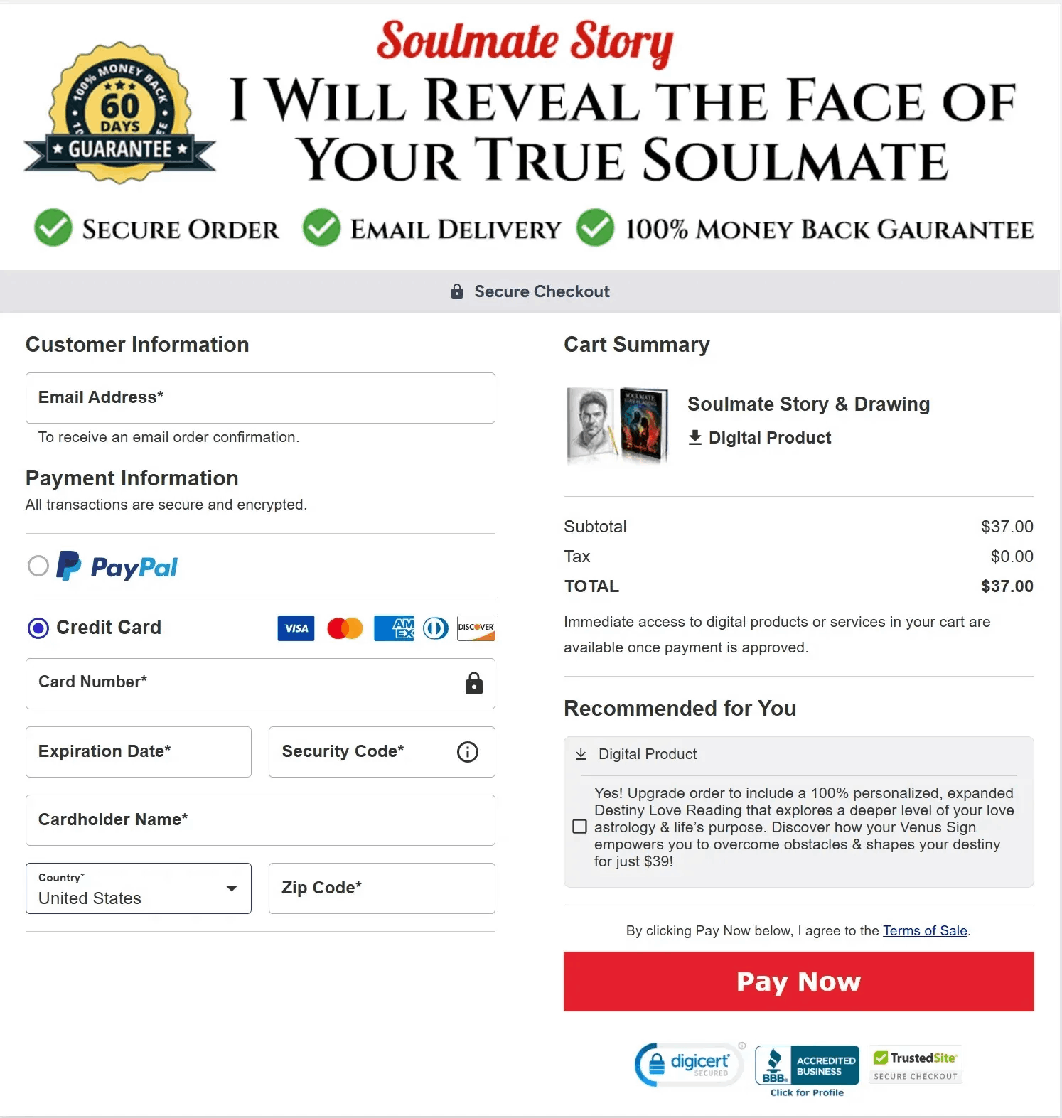 Soulmate Story Order Checkout Page